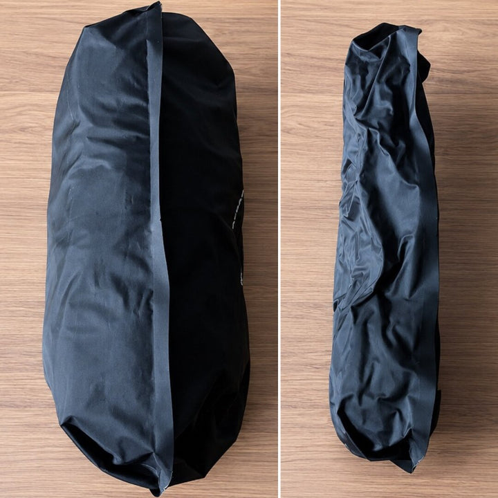 A before and after compression comparison of the VacVacBag being fully packed and then compressed 
