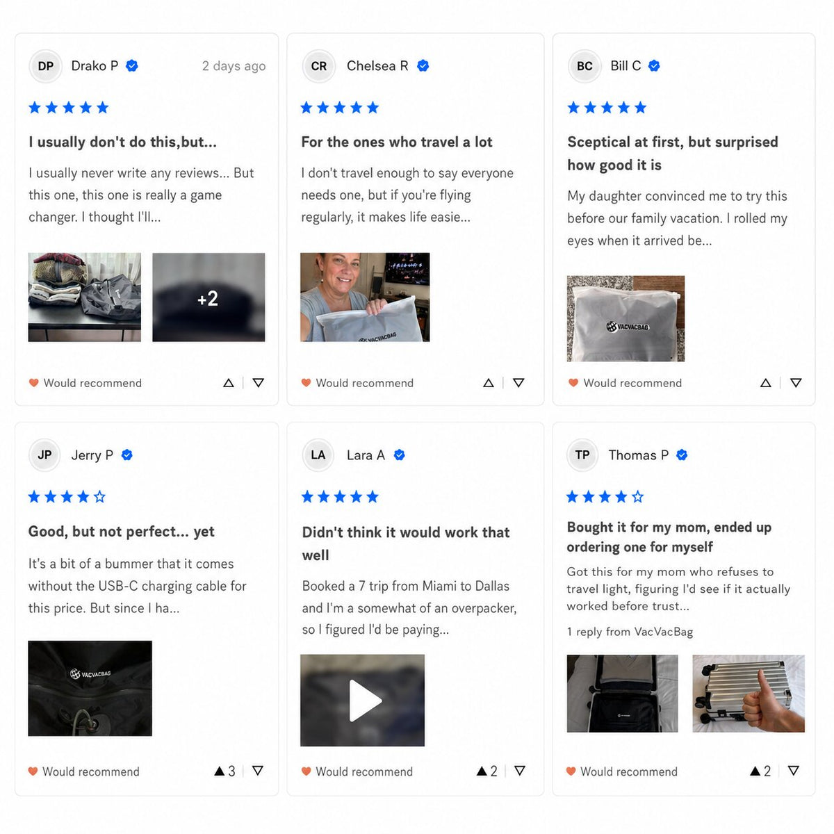 Product reviews of the VacVacBag with user comments and ratings on a white background