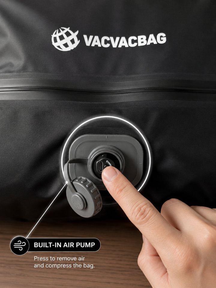 Vacuum compression bag with built-in air pump and Vacvacbag branding showing the built in compressions vacuum