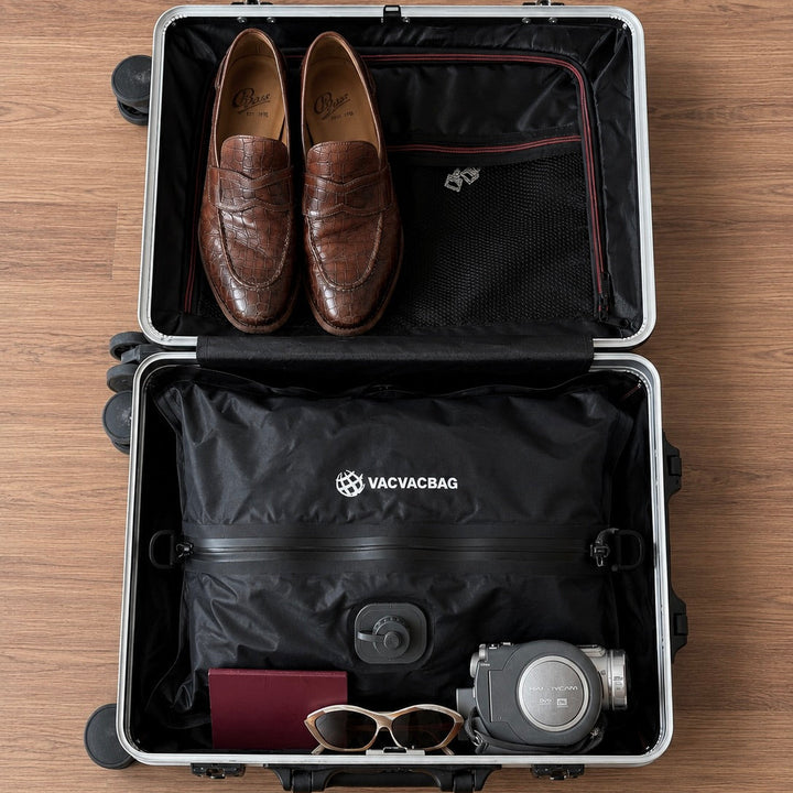 Open suitcase with brown shoes, black garment bag, sunglasses, and a camera on a wooden surface laying on top of a packed VacVacBag.