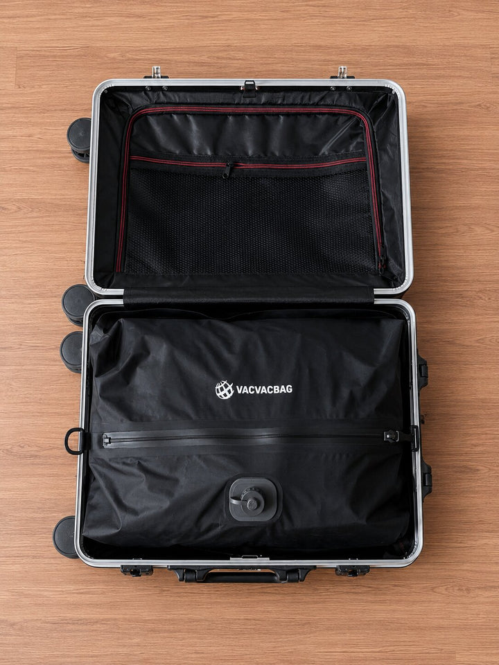 Silver Chrome Suitcase with the VacVacBag packed and sealed in the main compartment of the suitcase.