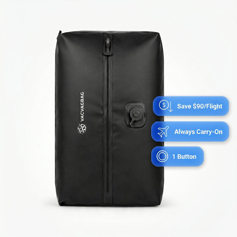 Black travel bag withVacVacBag branding and feature icons on a white background